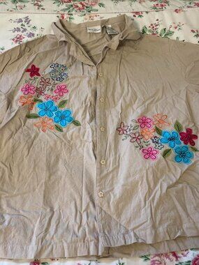 Floral embroidered button up shirt with flower...